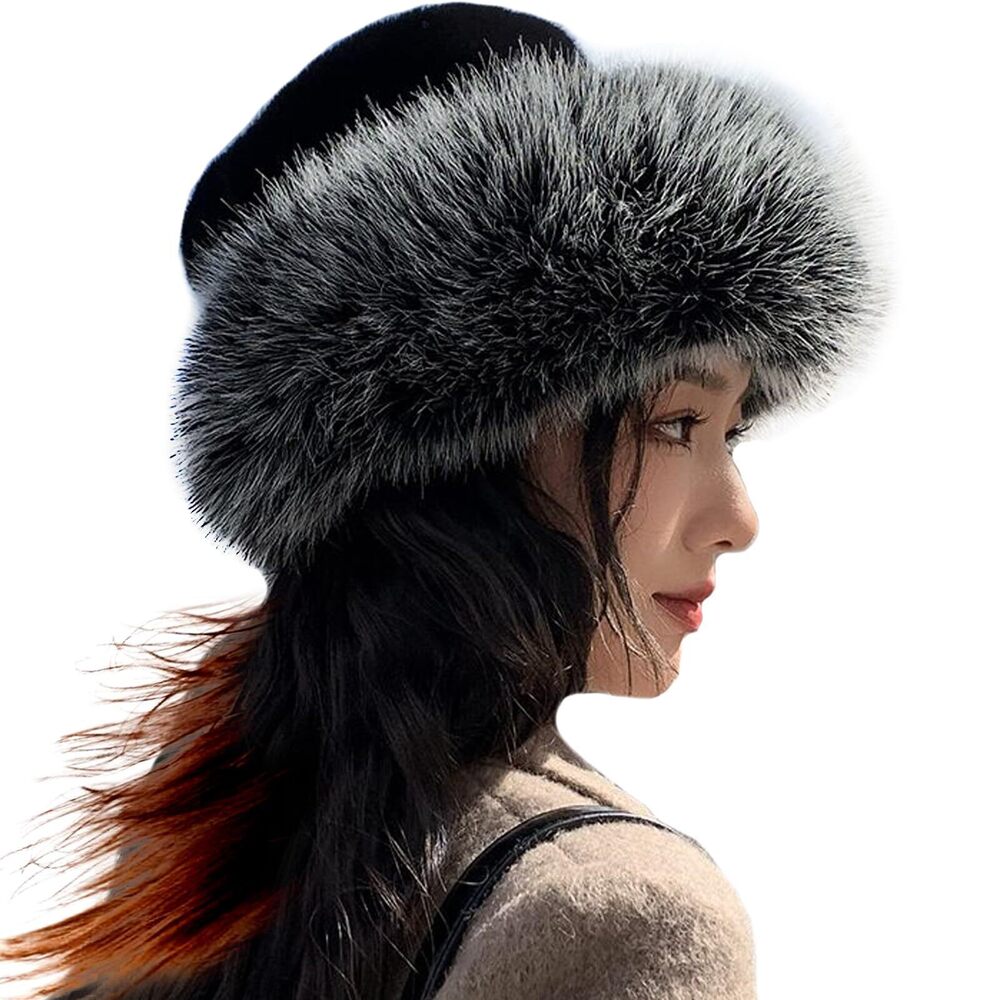 3124 Winter Hat Knitted Mink Real Fur Hats with Fox Brim Black with Silver